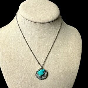 Lia Sophia Silvertone Necklace with Leaf Pendant and Blue Howlite stones.(F-U)